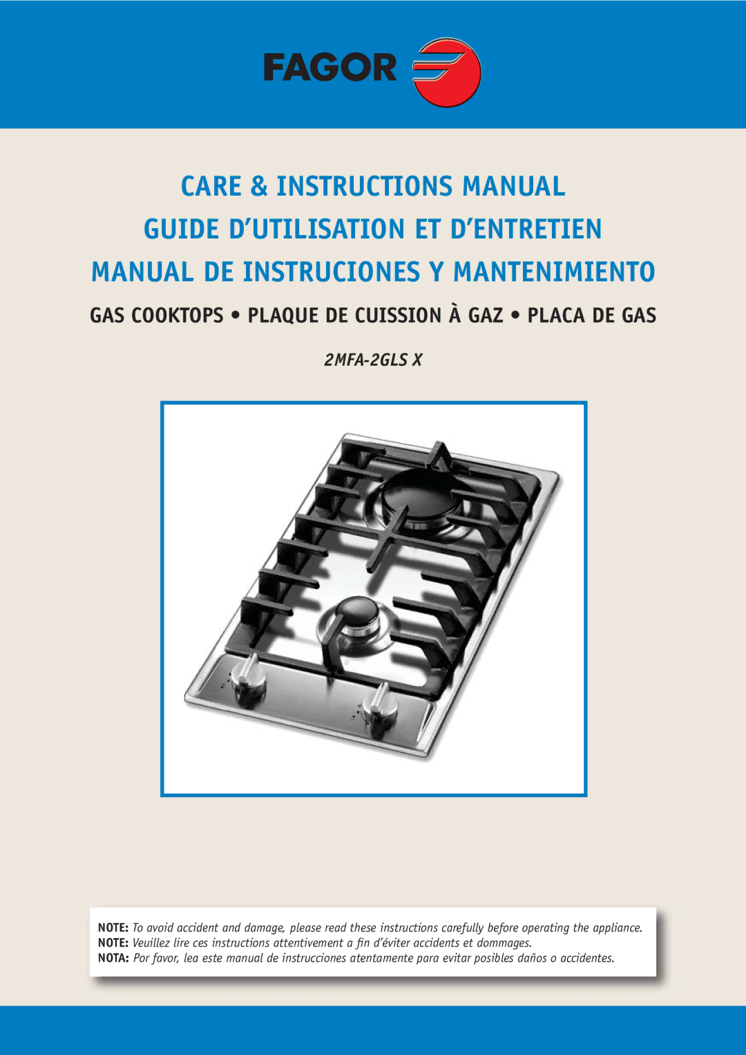 Fagor America 2MFA2GLSX manual GAS Cooktops Plaque DE Cuission À GAZ Placa DE GAS 