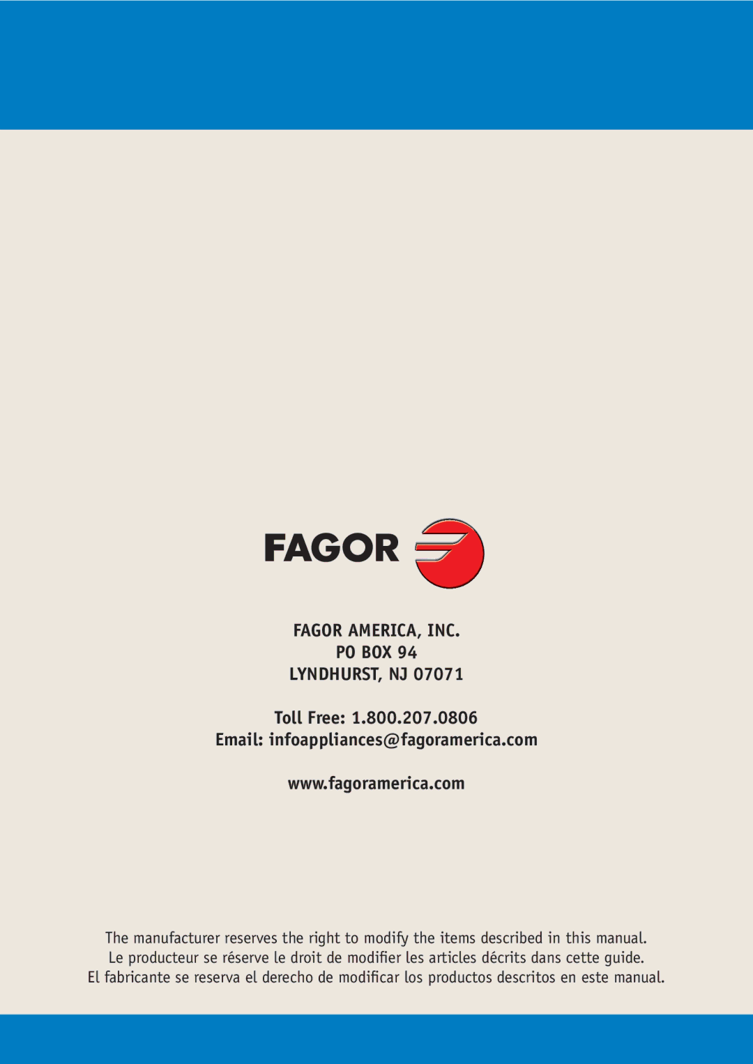 Fagor America 2MFA2GLSX manual Fagor AMERICA, INC PO BOX LYNDHURST, NJ 