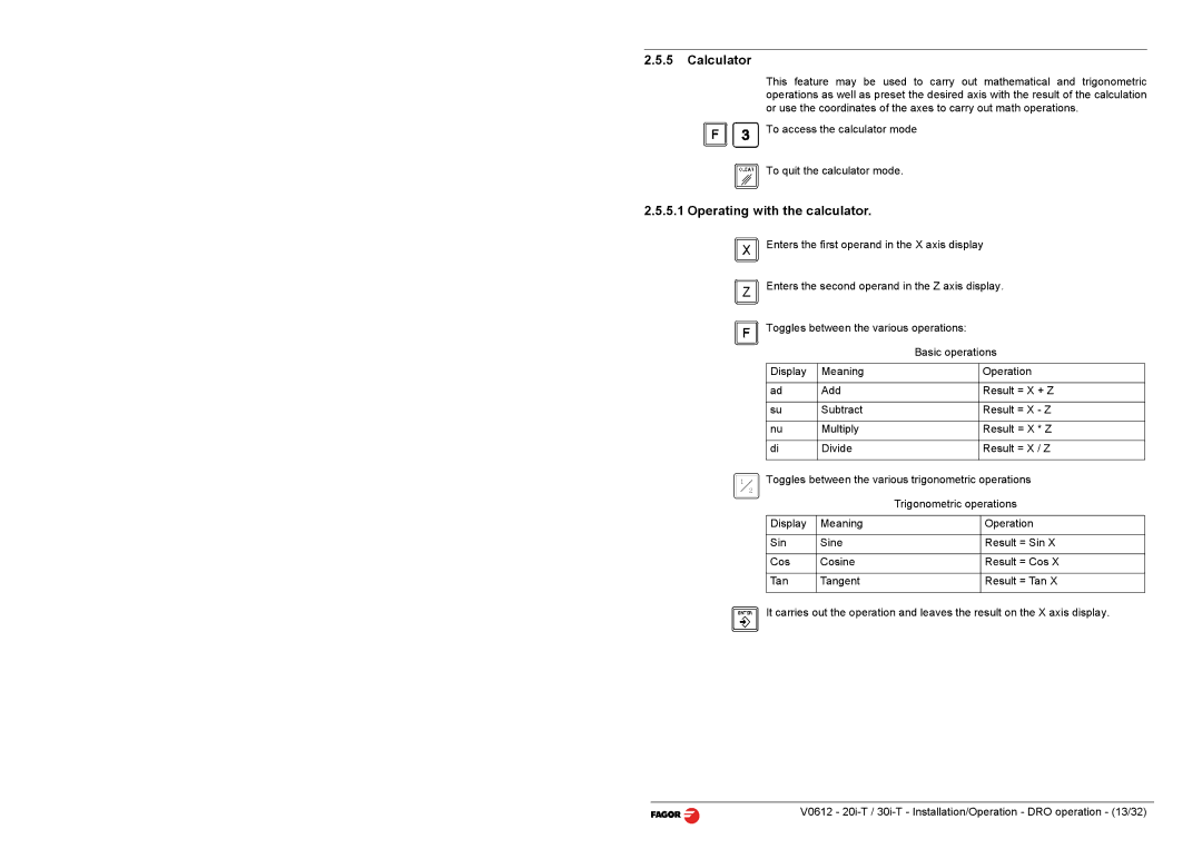 Fagor America 20i-T B, 30i-T B operation manual Calculator, Operating with the calculator 