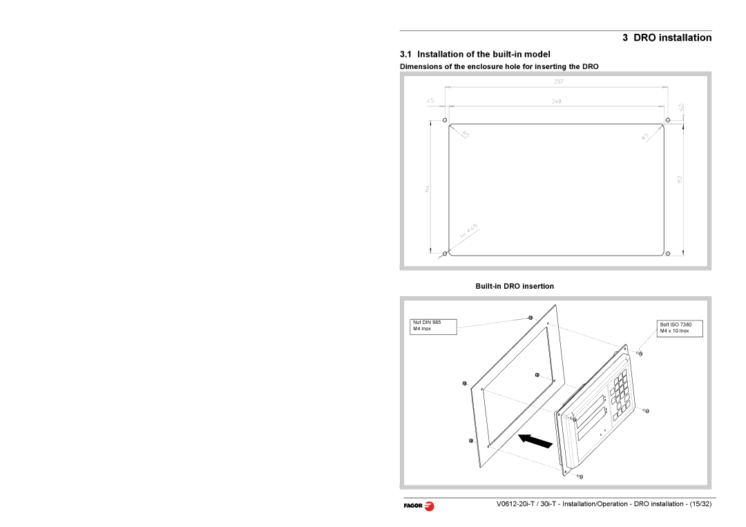 Fagor America 30i-T B, 20i-T B operation manual DRO installation, Installation of the built-in model 