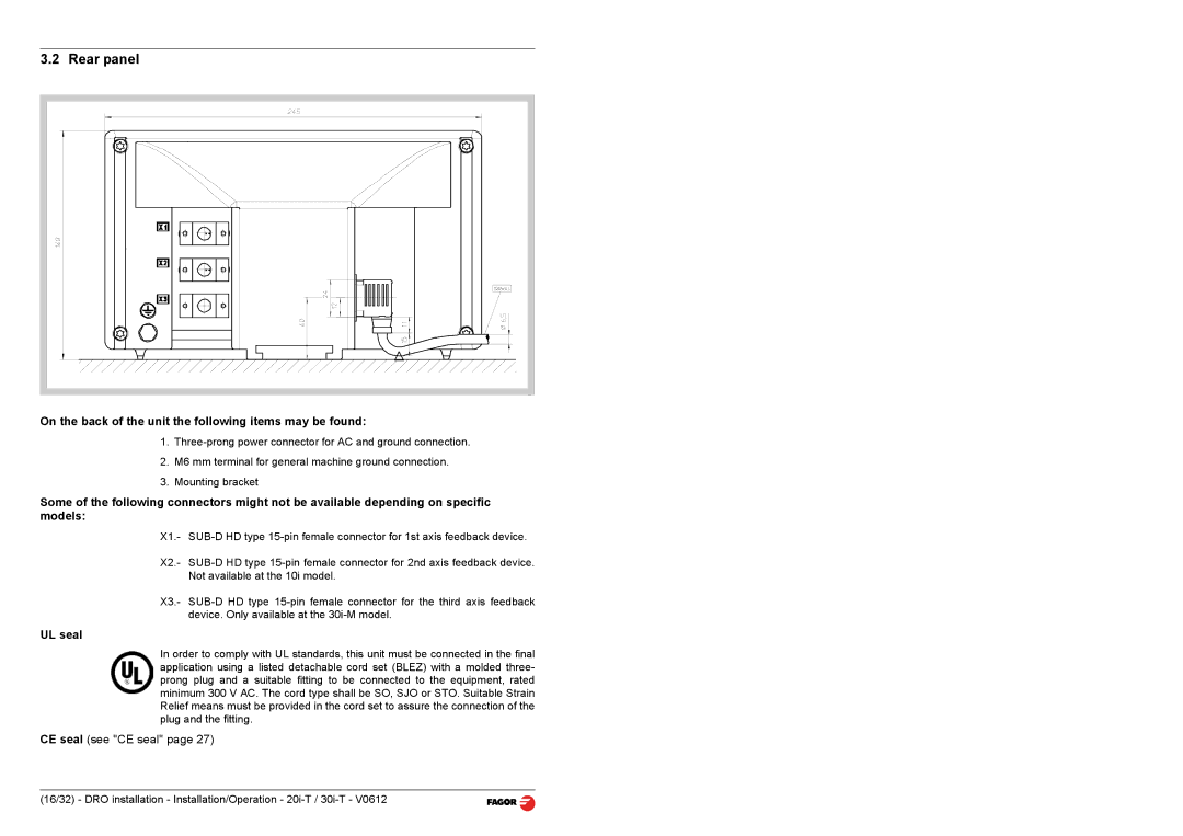 Fagor America 30i-T B, 20i-T B Rear panel, On the back of the unit the following items may be found, UL seal 