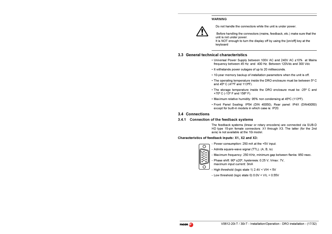 Fagor America 20i-T B, 30i-T B General technical characteristics, Connections, Connection of the feedback systems 