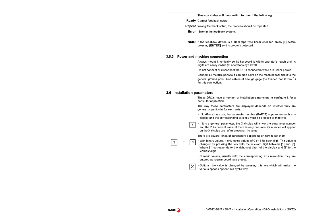 Fagor America 30i-T B, 20i-T B operation manual Installation parameters, Power and machine connection 