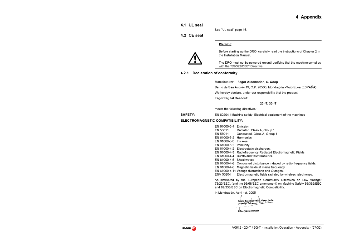 Fagor America 30i-T B, 20i-T B UL seal, CE seal, Declaration of conformity, Electromagnetic Compatibility 