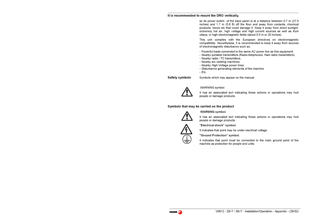 Fagor America 20i-T B, 30i-T B It is recommended to mount the DRO vertically, Symbols that may be carried on the product 