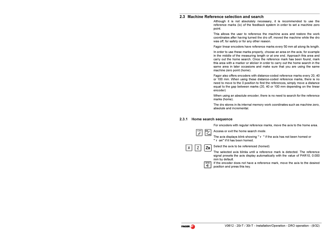 Fagor America 20i-T B, 30i-T B operation manual Machine Reference selection and search, Home search sequence 