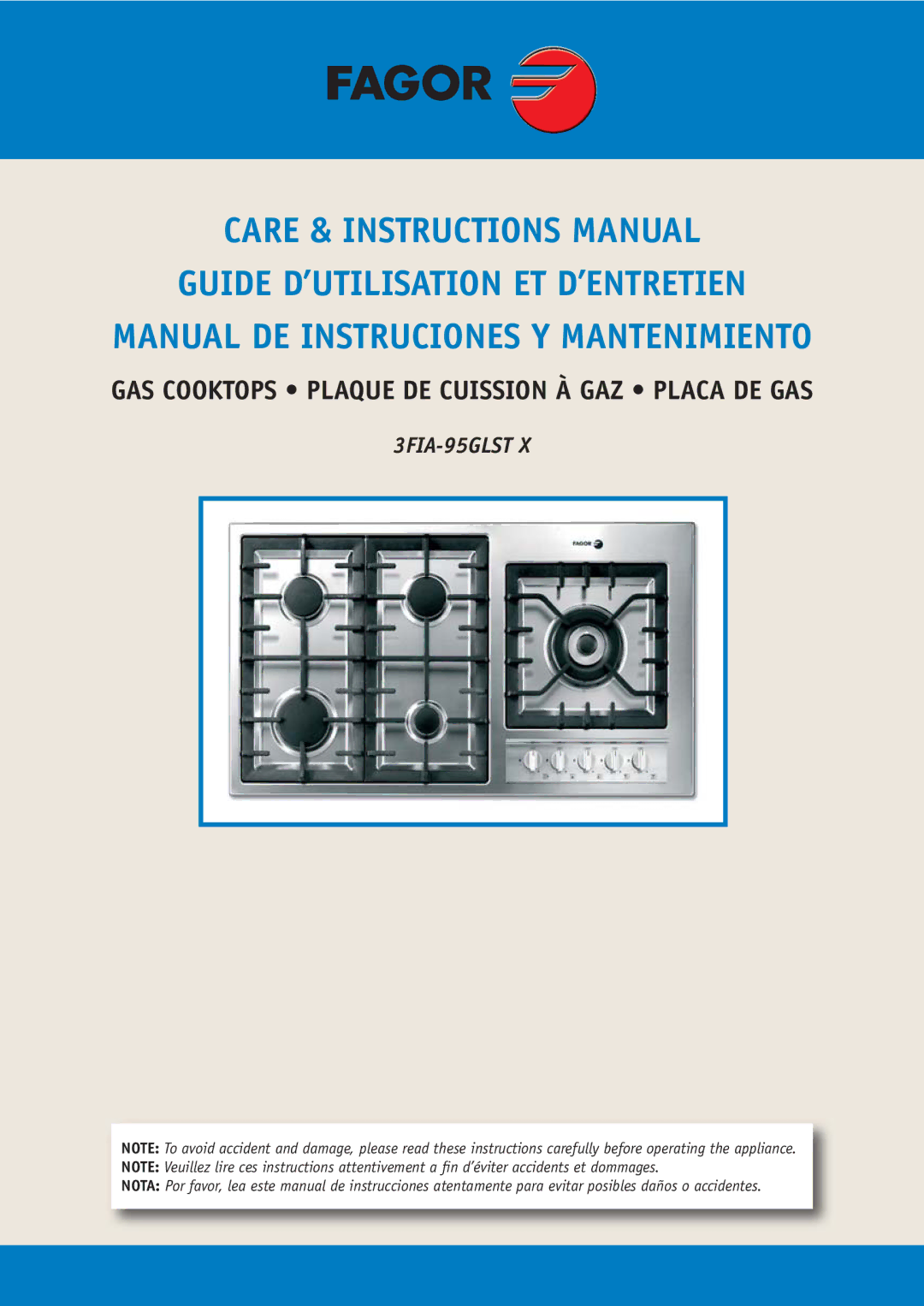 Fagor America 3FIA-95GLST X manual GAS Cooktops Plaque DE Cuission À GAZ Placa DE GAS 