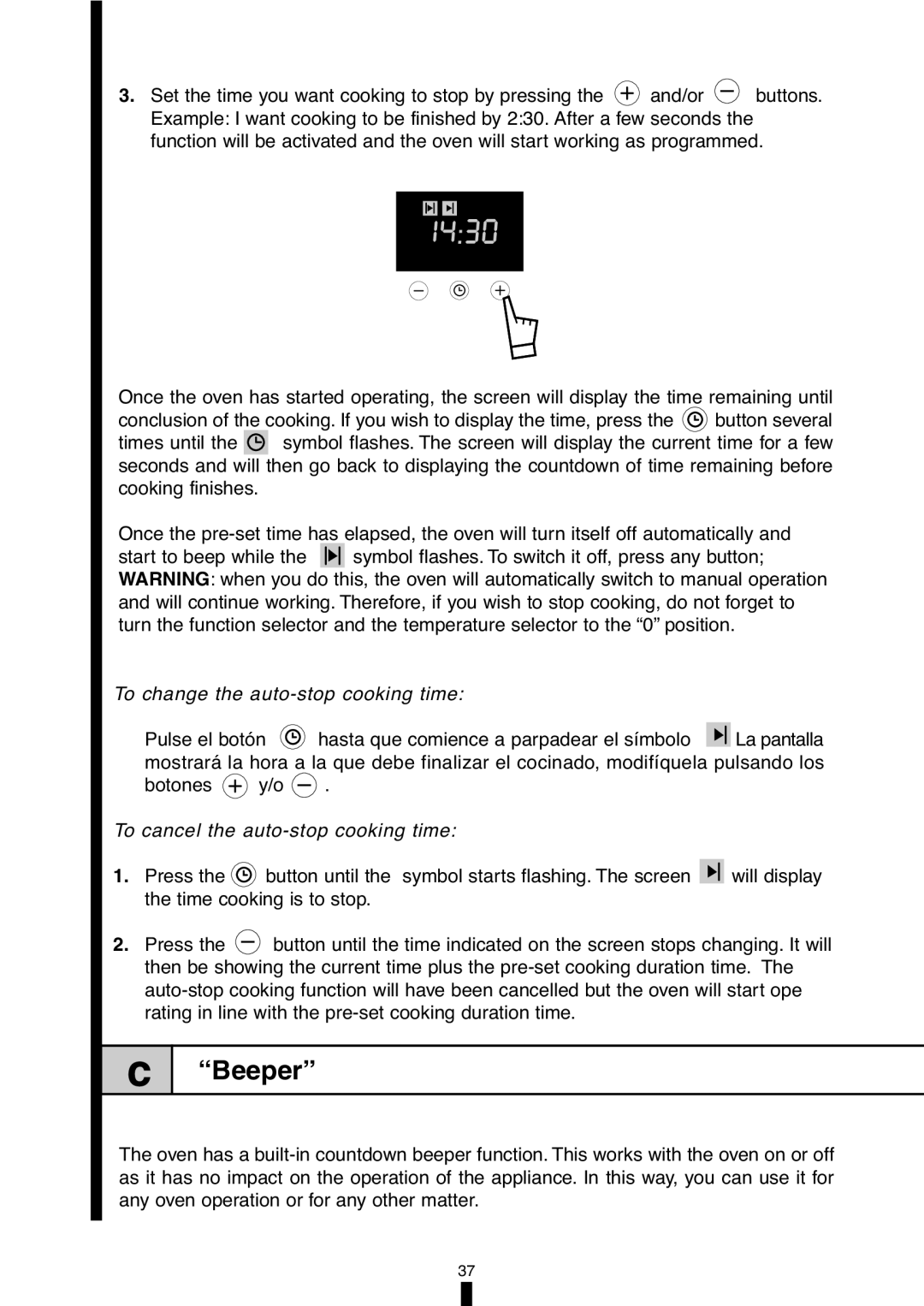 Fagor America 5HA-196X manual Beeper, To change the auto-stop cooking time, To cancel the auto-stop cooking time 