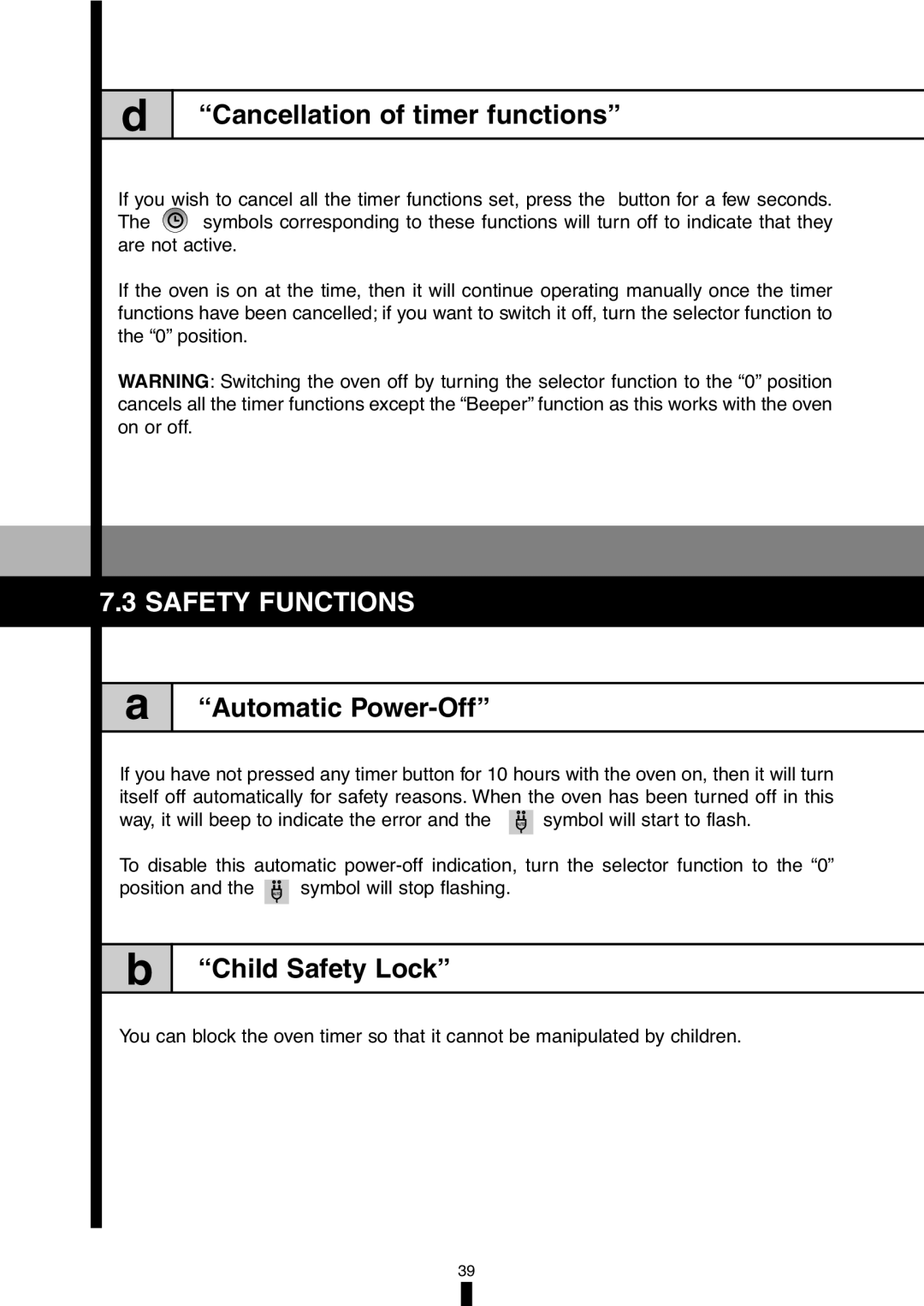 Fagor America 5HA-196X manual Cancellation of timer functions, Safety Functions, Automatic Power-Off, Child Safety Lock 