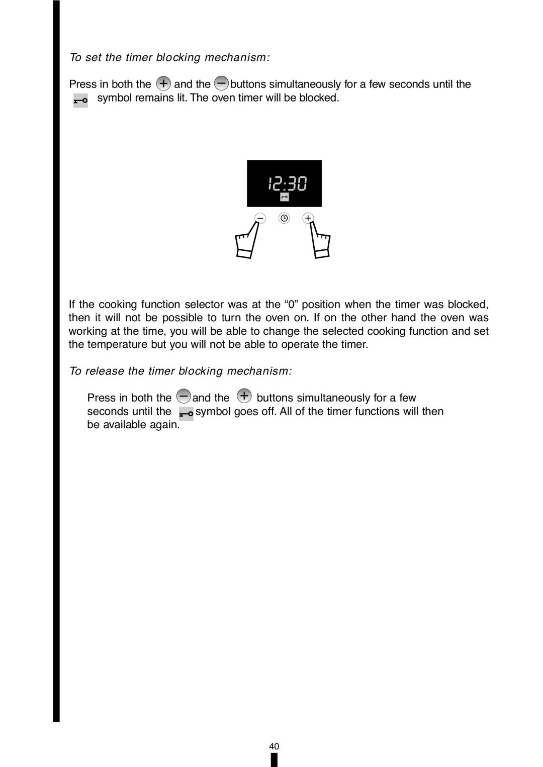 Fagor America 5HA-196X manual To set the timer blocking mechanism, To release the timer blocking mechanism 