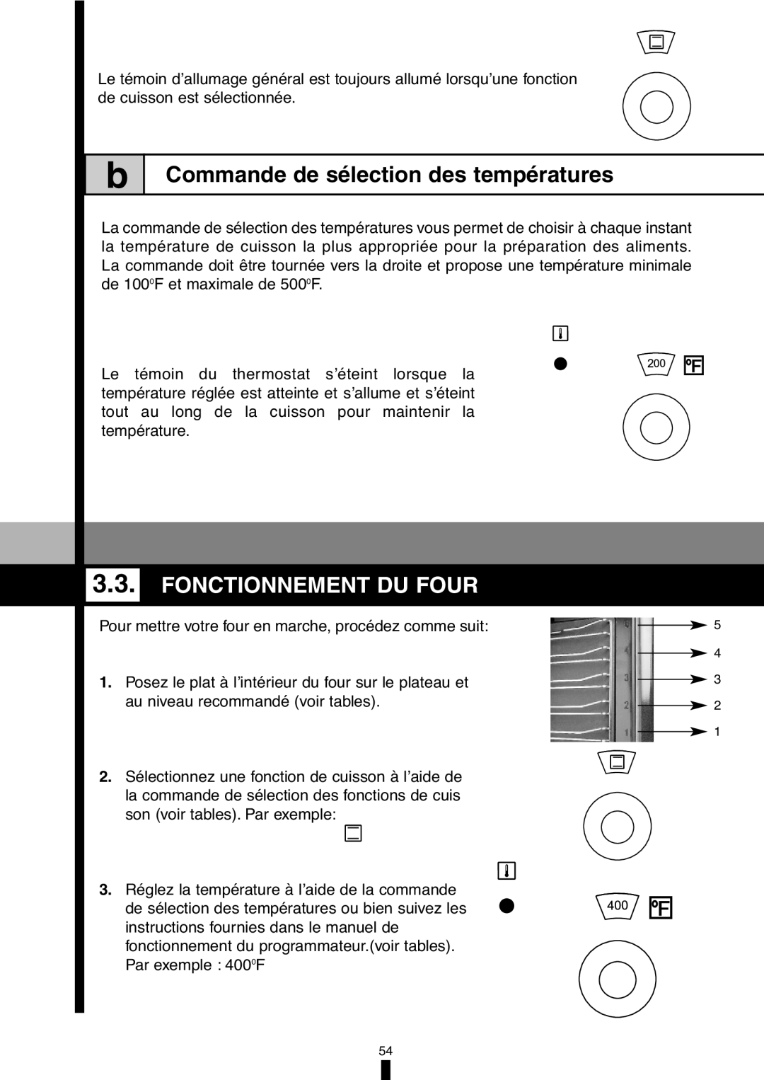 Fagor America 5HA-196X manual Commande de sélection des températures, Fonctionnement DU Four 