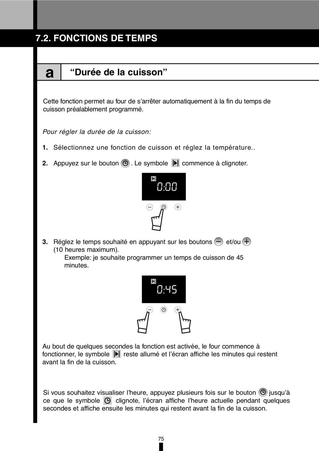 Fagor America 5HA-196X manual Fonctions DE Temps, Durée de la cuisson, Pour régler la durée de la cuisson 