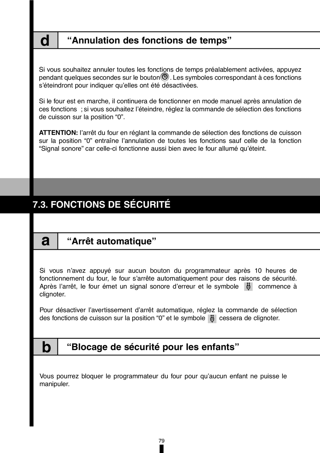 Fagor America 5HA-196X manual Annulation des fonctions de temps, Fonctions DE Sécurité, Arrêt automatique 