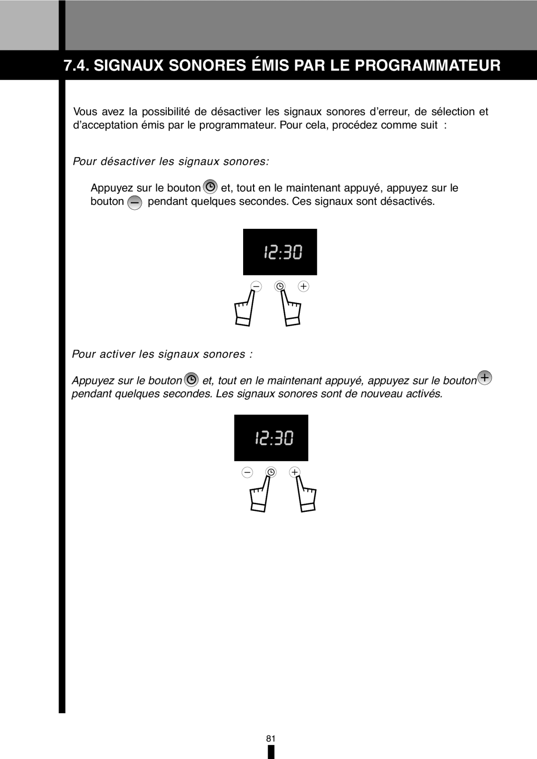 Fagor America 5HA-196X manual Signaux Sonores Émis PAR LE Programmateur, Pour désactiver les signaux sonores 