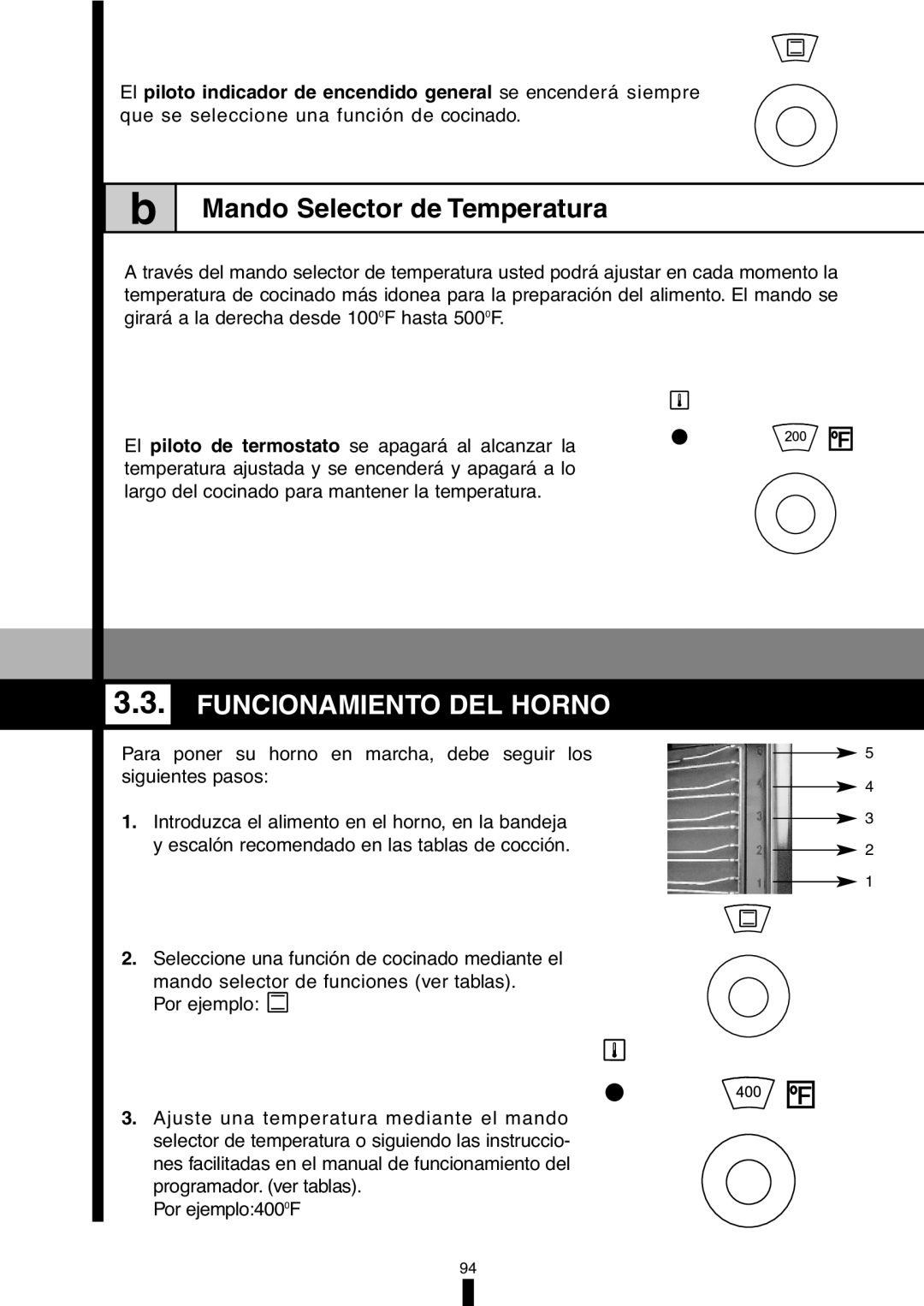 Fagor America 5HA-196X manual Mando Selector de Temperatura, Funcionamiento DEL Horno 