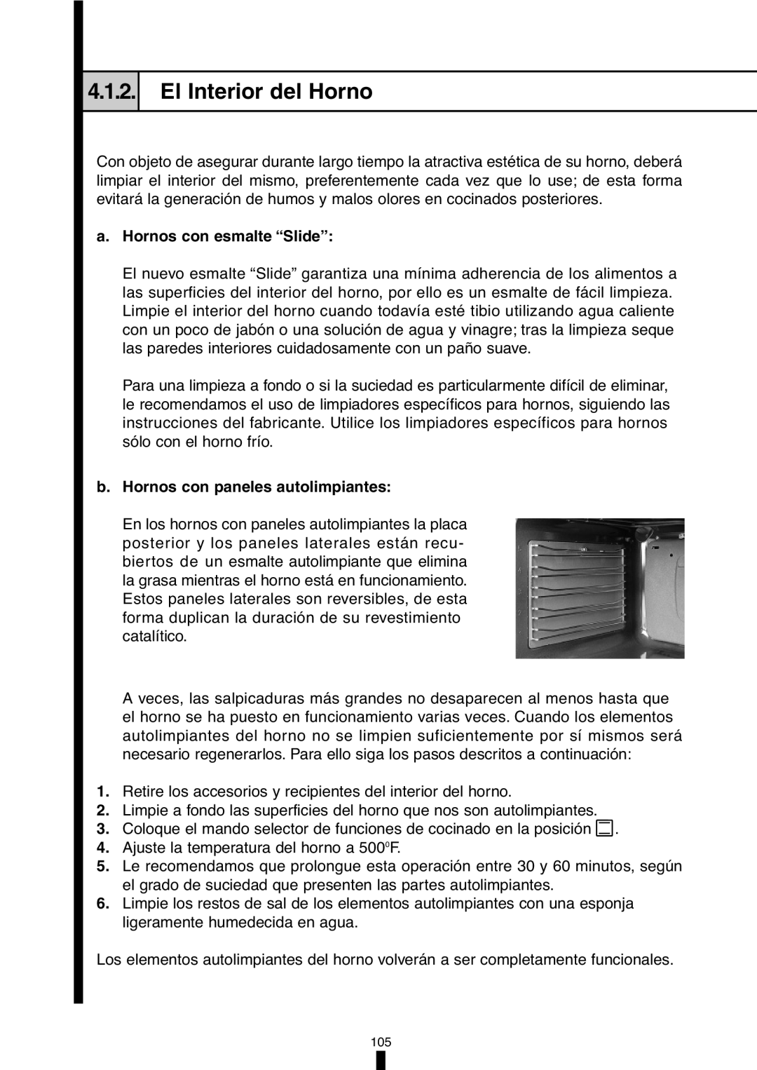 Fagor America 5HA-196X El Interior del Horno, a.Hornos con esmalte “Slide”, b.Hornos con paneles autolimpiantes, 4.1.2 