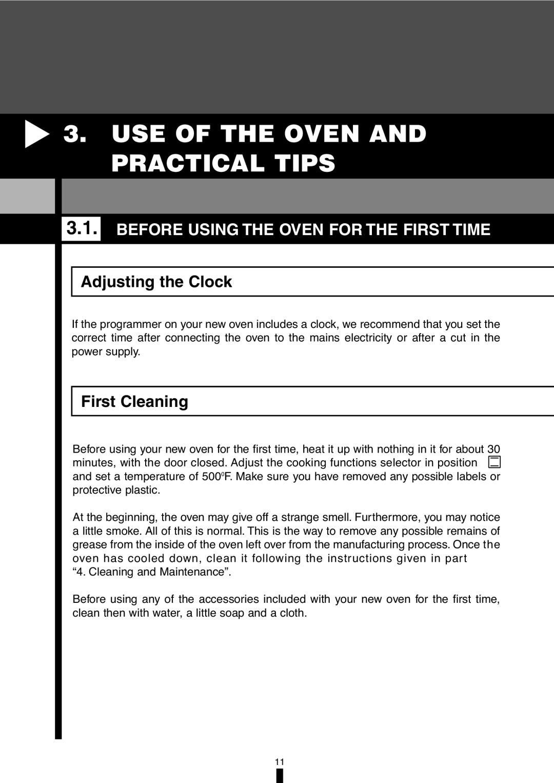 Fagor America 5HA-196X Use Of The Oven And Practical Tips, Before Using The Oven For The First Time, Adjusting the Clock 