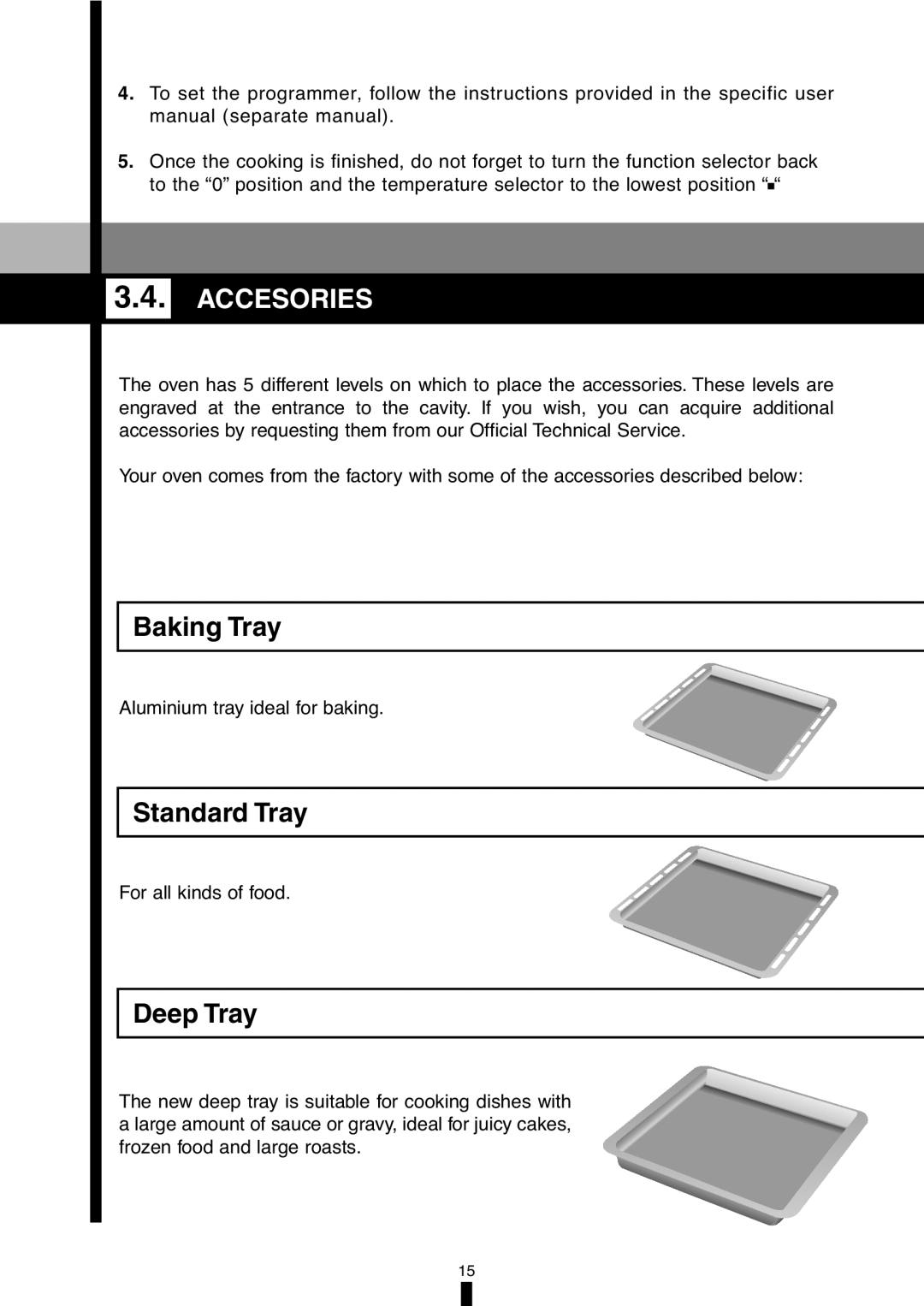 Fagor America 5HA-196X manual Accesories, Baking Tray, Standard Tray, Deep Tray 