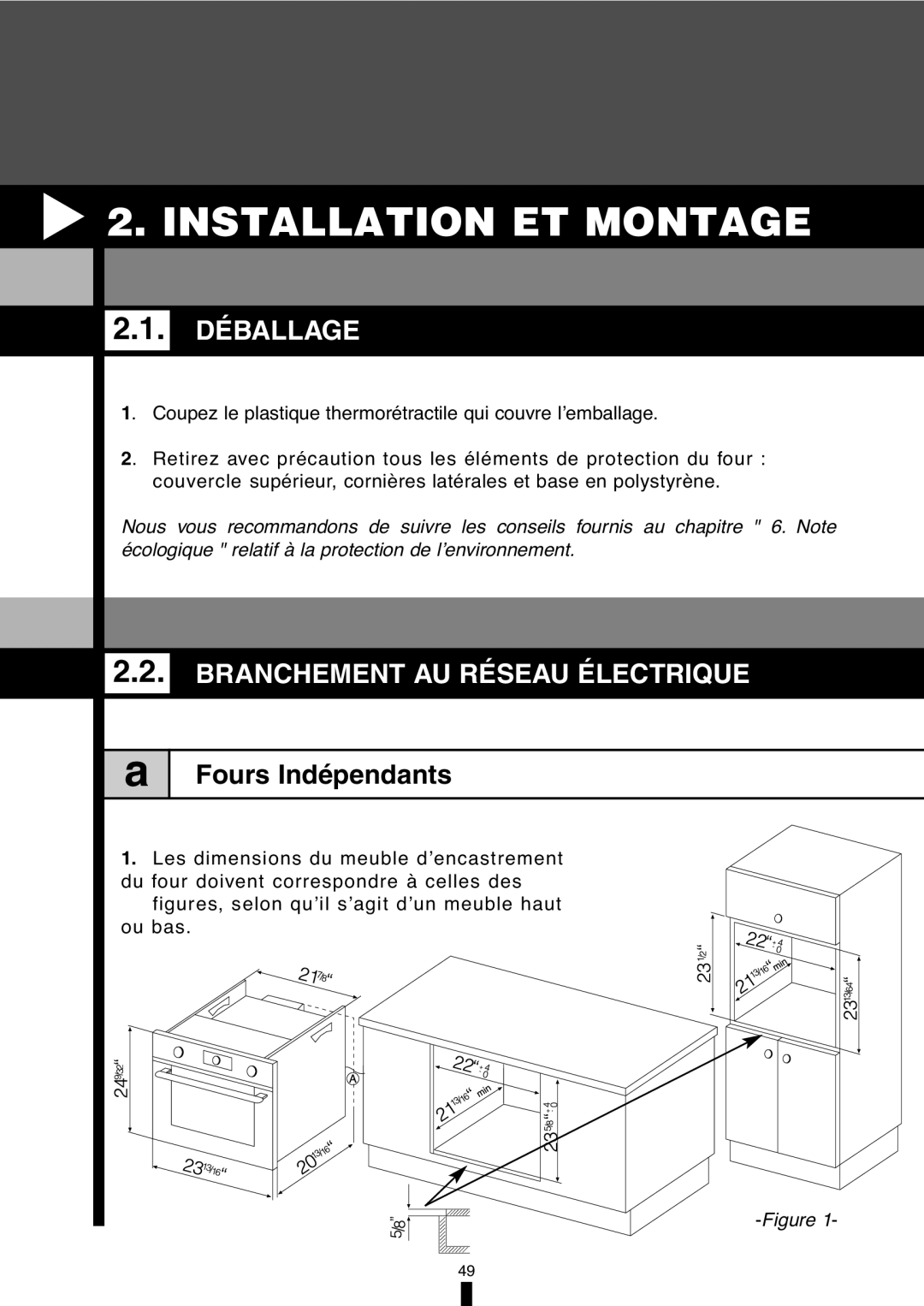 Fagor America 5HA-196X manual Installation Et Montage, 2.1.DÉBALLAGE, Branchement Au Réseau Électrique, Fours Indépendants 