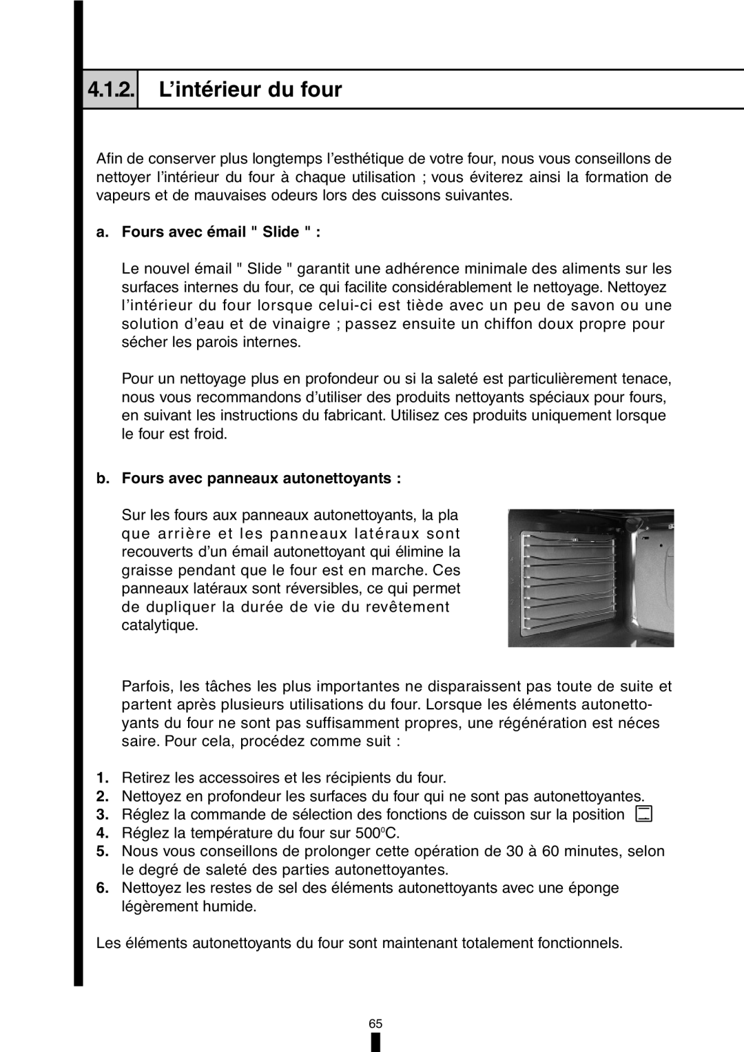 Fagor America 5HA-196X manual L’intérieur du four, a.Fours avec émail Slide, b.Fours avec panneaux autonettoyants, 4.1.2 