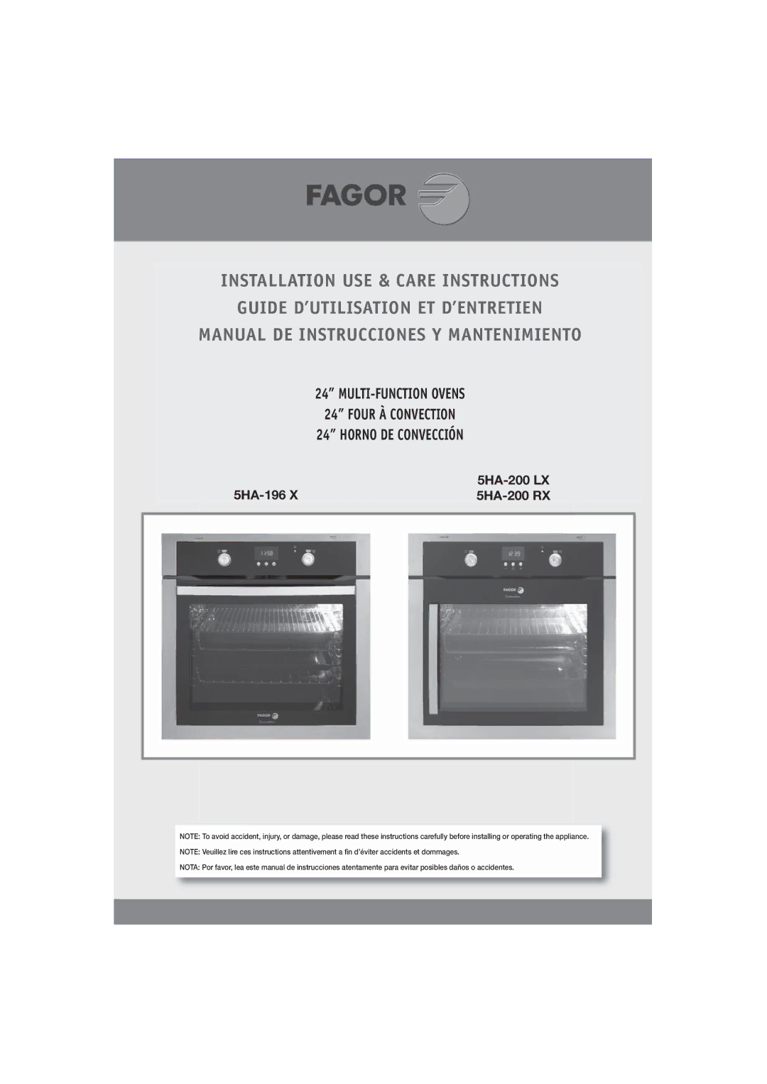 Fagor America 5HA-196 X, 5HA-200 LX, 5HA-200 RX manual MULTI-FUNCTION Ovens Four À Convection Horno DE Convección 