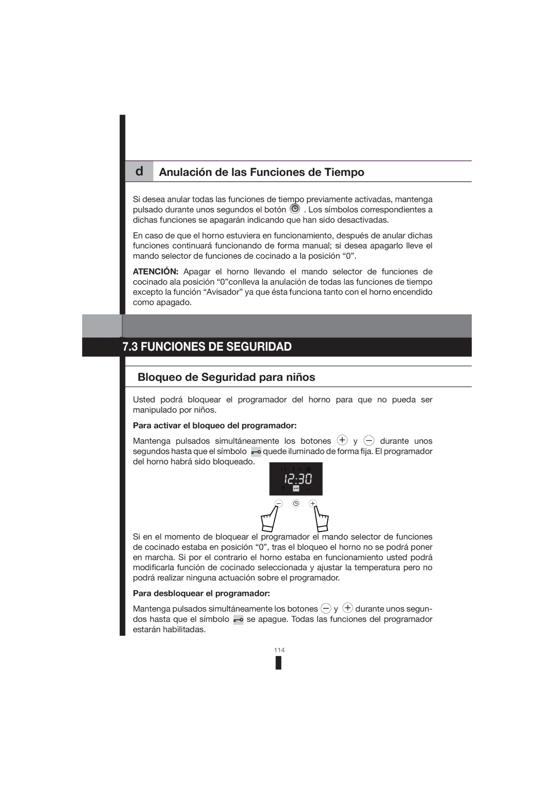 Fagor America 5HA-200 LX Funciones DE Seguridad, Anulación de las Funciones de Tiempo, Bloqueo de Seguridad para niños 