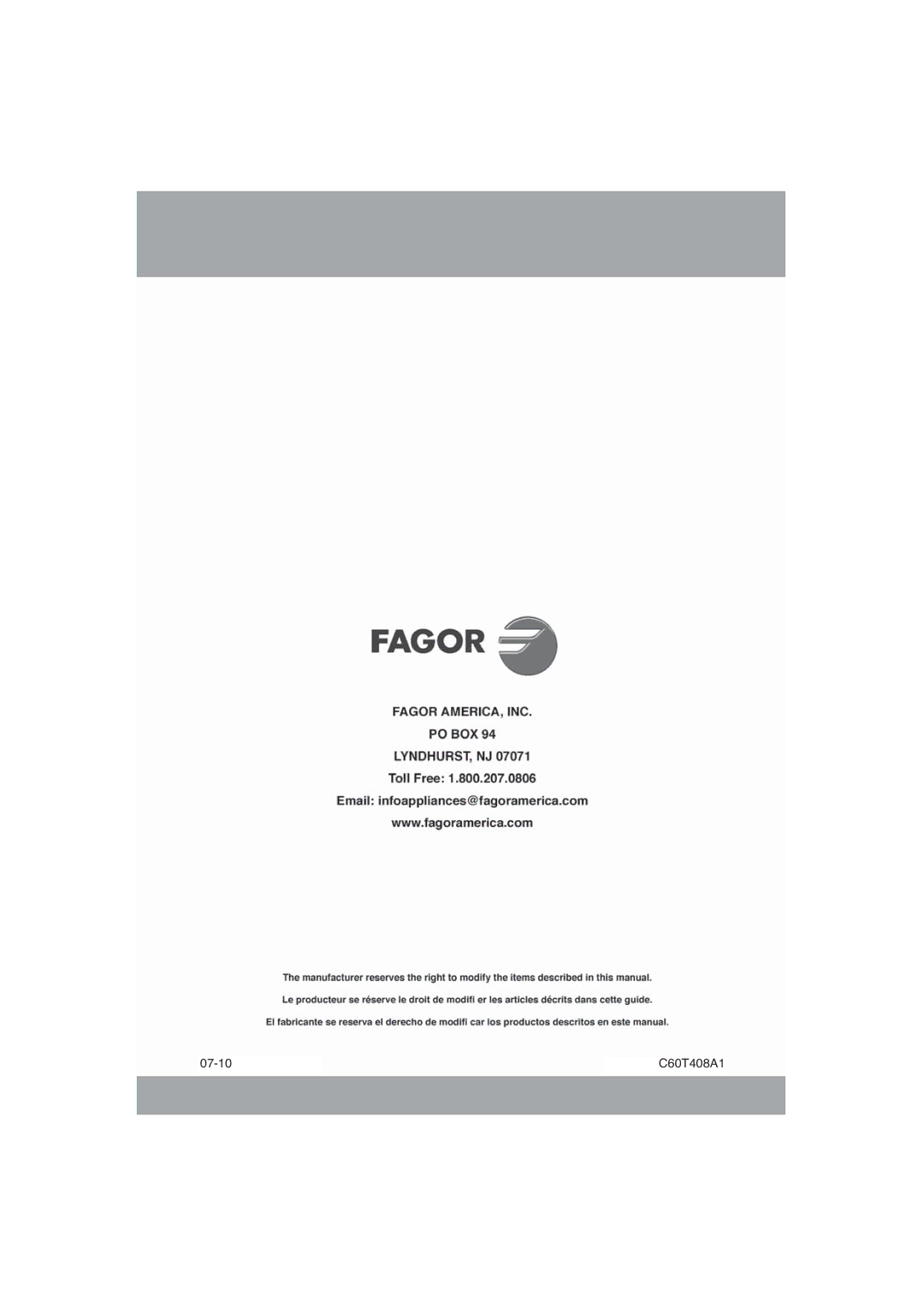 Fagor America 5HA-196 X, 5HA-200 LX, 5HA-200 RX manual 07-10 C60T408A1 