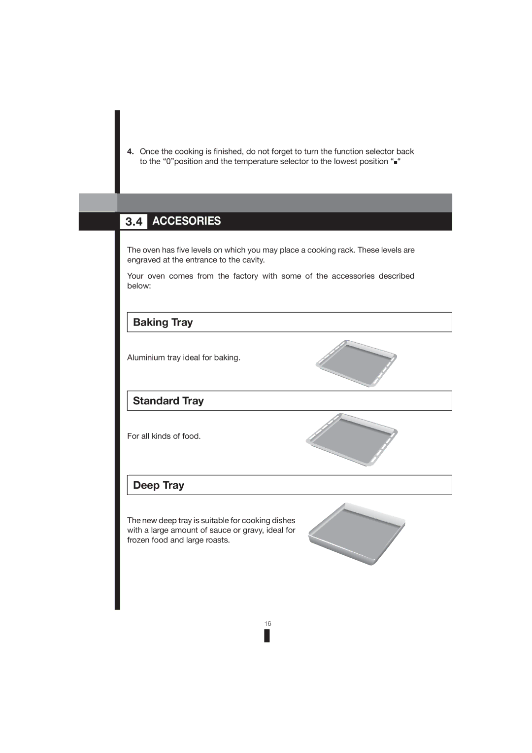 Fagor America 5HA-196 X, 5HA-200 LX, 5HA-200 RX manual Accesories, Baking Tray, Standard Tray, Deep Tray 