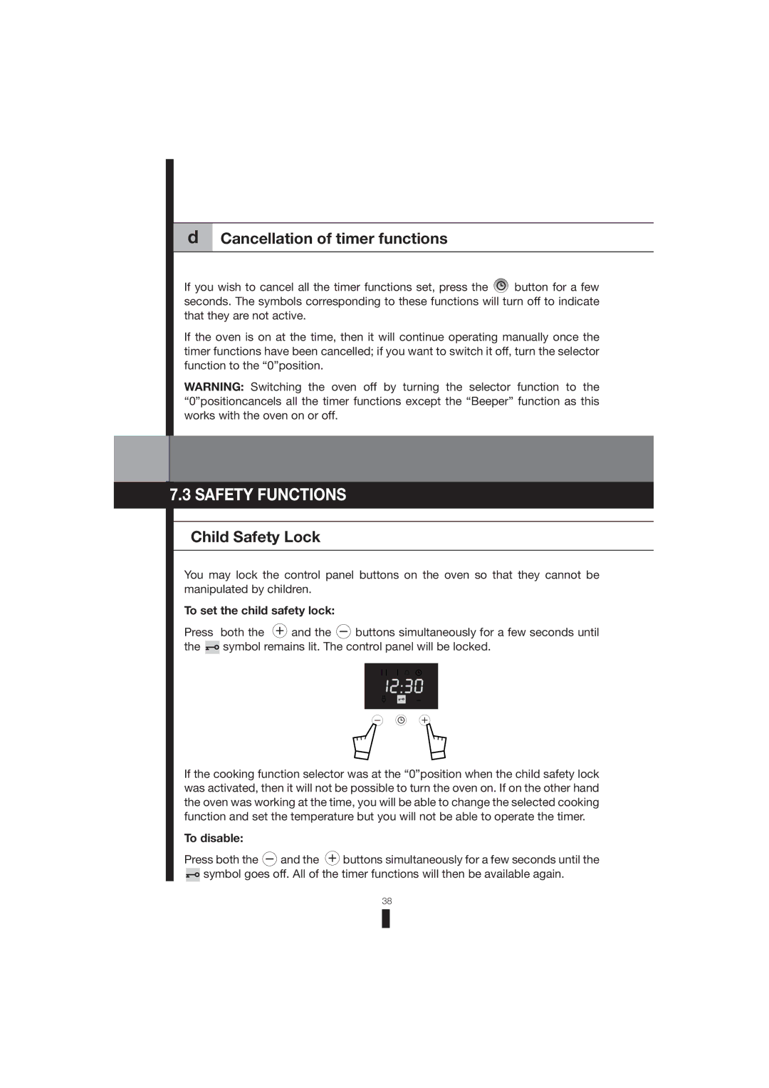 Fagor America 5HA-200 RX, 5HA-200 LX manual Safety Functions, Cancellation of timer functions, Child Safety Lock, To disable 