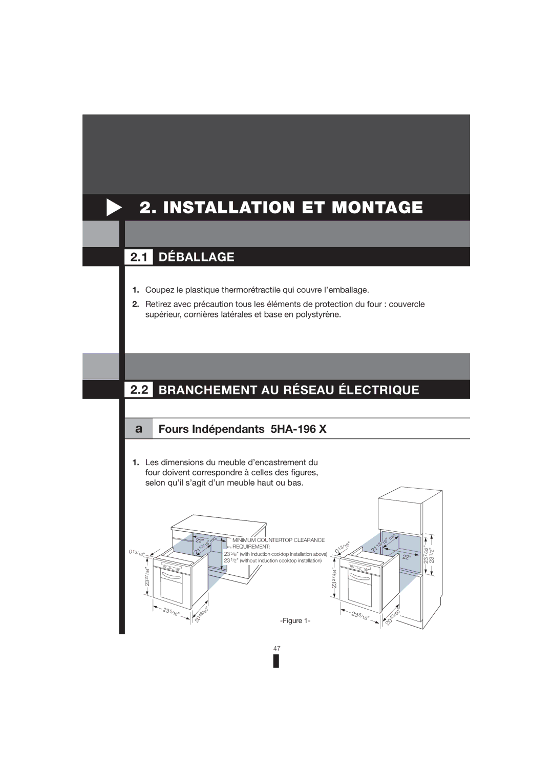 Fagor America 5HA-200 RX Installation ET Montage, Déballage, Branchement AU Réseau Électrique, Fours Indépendants 5HA-196 