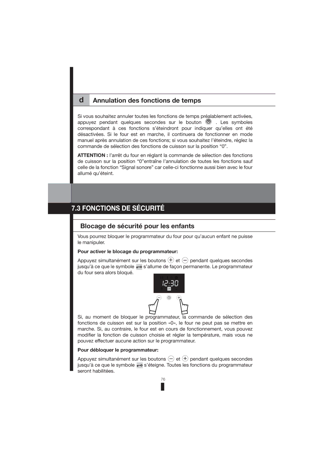 Fagor America 5HA-196 X Fonctions DE Sécurité, Annulation des fonctions de temps, Blocage de sécurité pour les enfants 