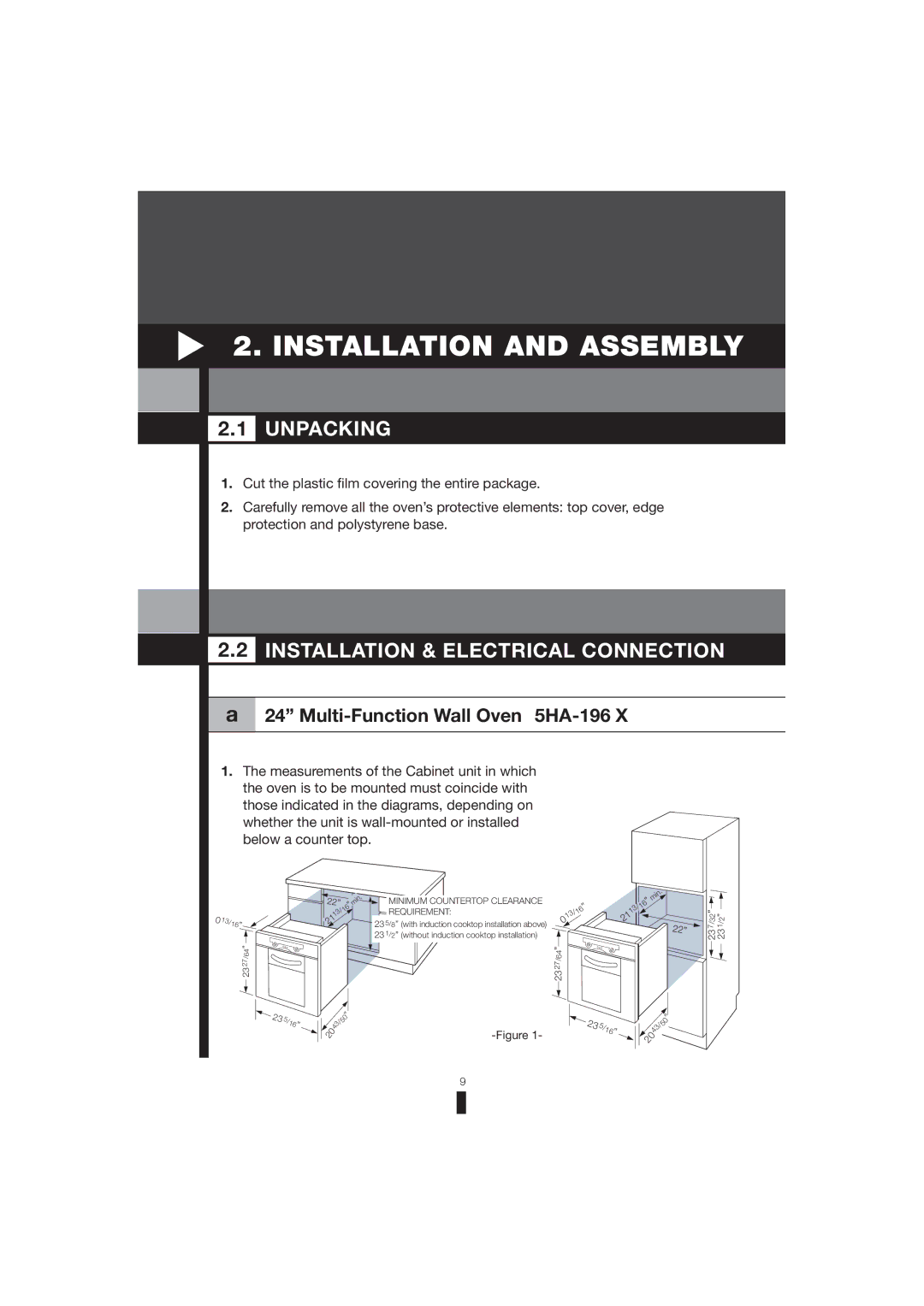 Fagor America 5HA-200 LX, 5HA-196 X, 5HA-200 RX Installation and Assembly, Unpacking, Installation & Electrical Connection 