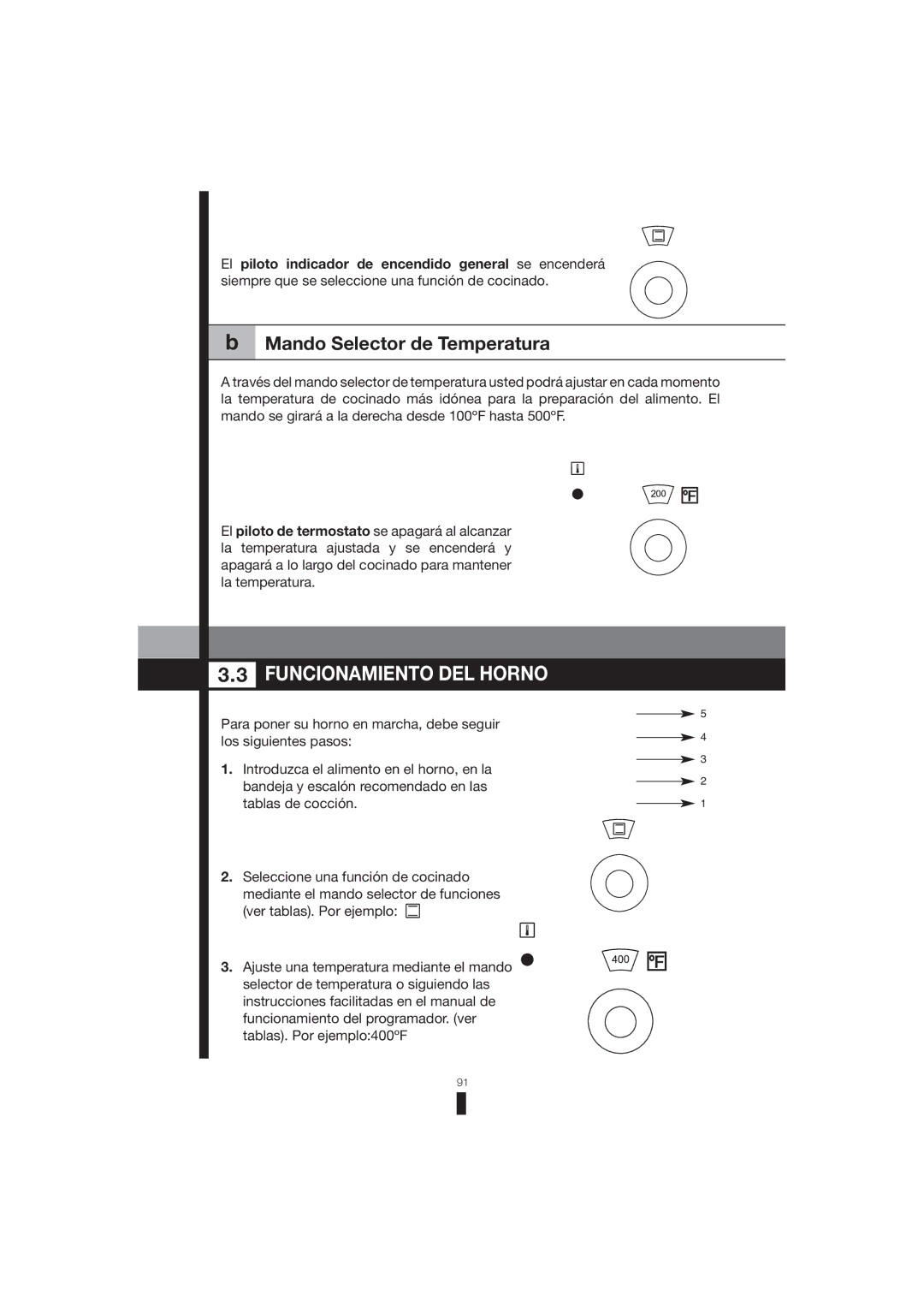 Fagor America 5HA-196 X, 5HA-200 LX, 5HA-200 RX manual Funcionamiento DEL Horno, Mando Selector de Temperatura 