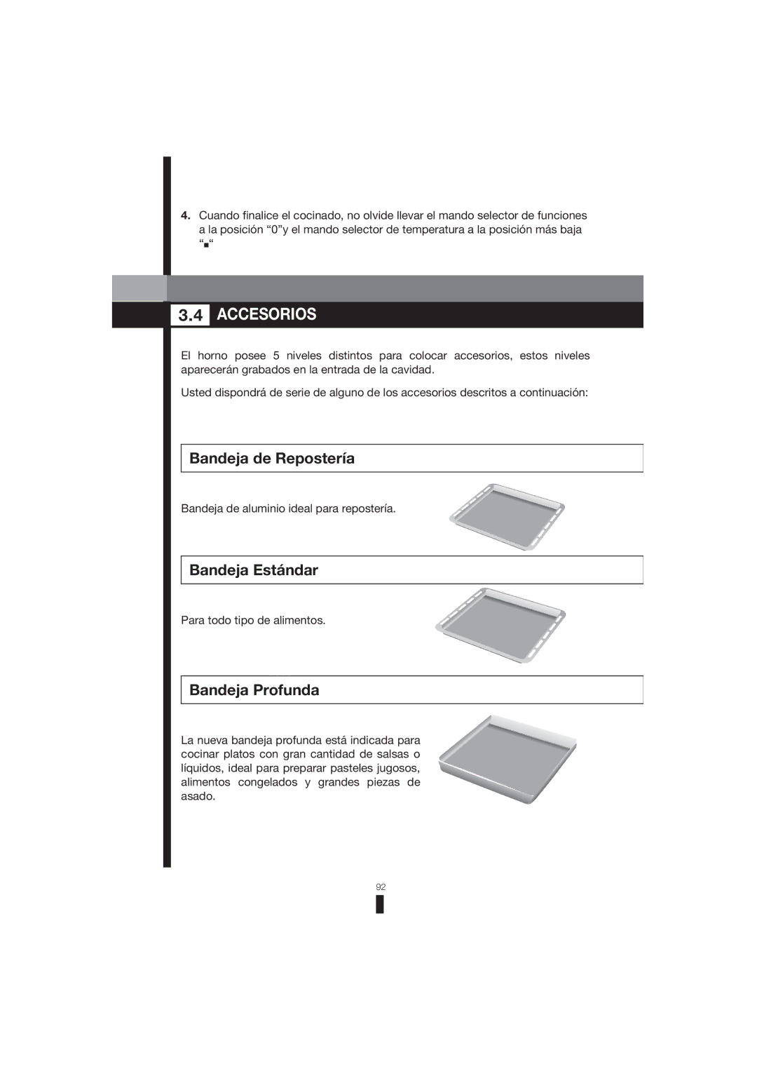 Fagor America 5HA-200 RX, 5HA-200 LX, 5HA-196 X manual Accesorios, Bandeja de Repostería, Bandeja Estándar, Bandeja Profunda 