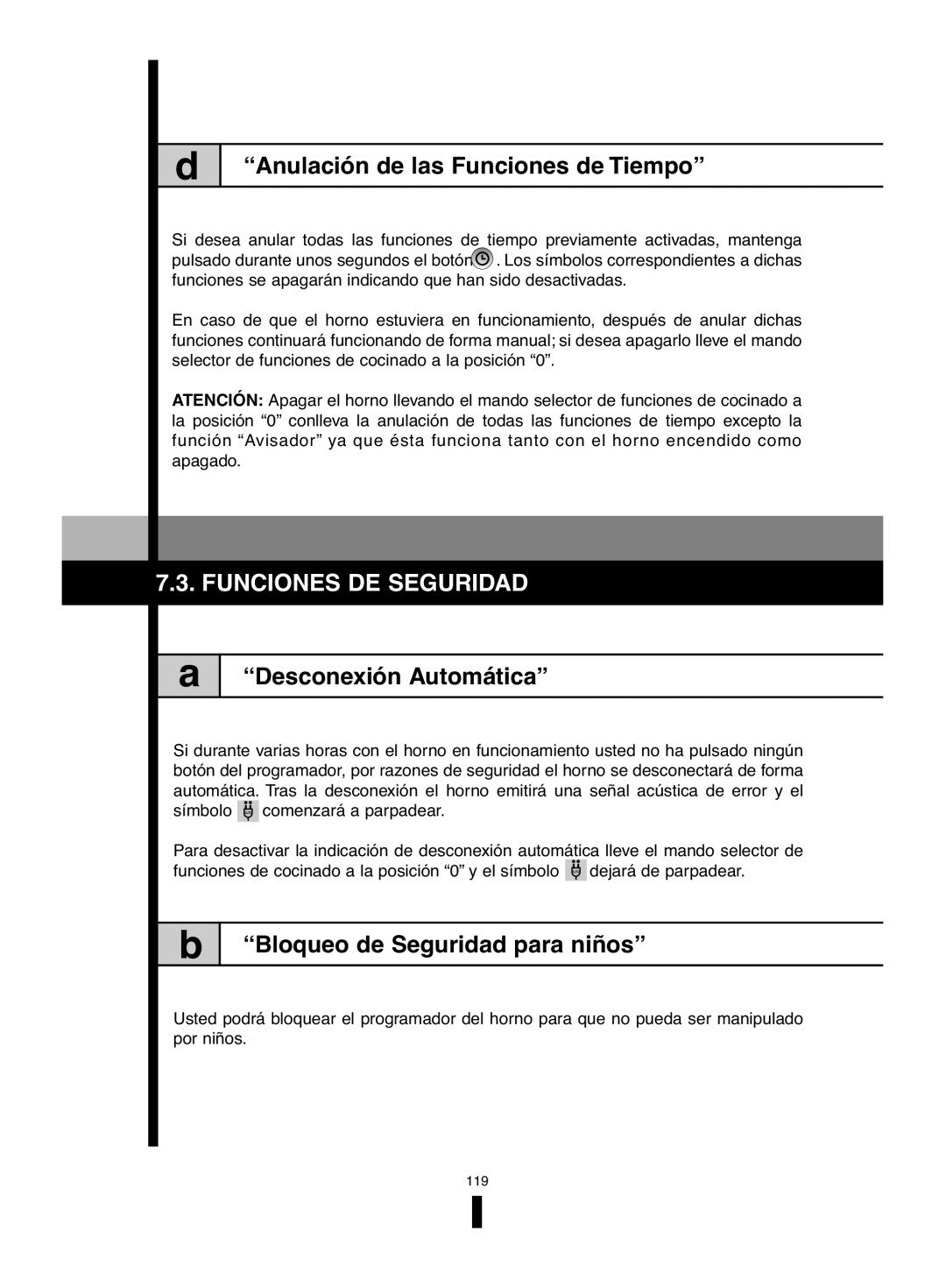 Fagor America 5HA-200 RX, 5HA-200 LX Anulación de las Funciones de Tiempo, Funciones DE Seguridad, Desconexión Automática 