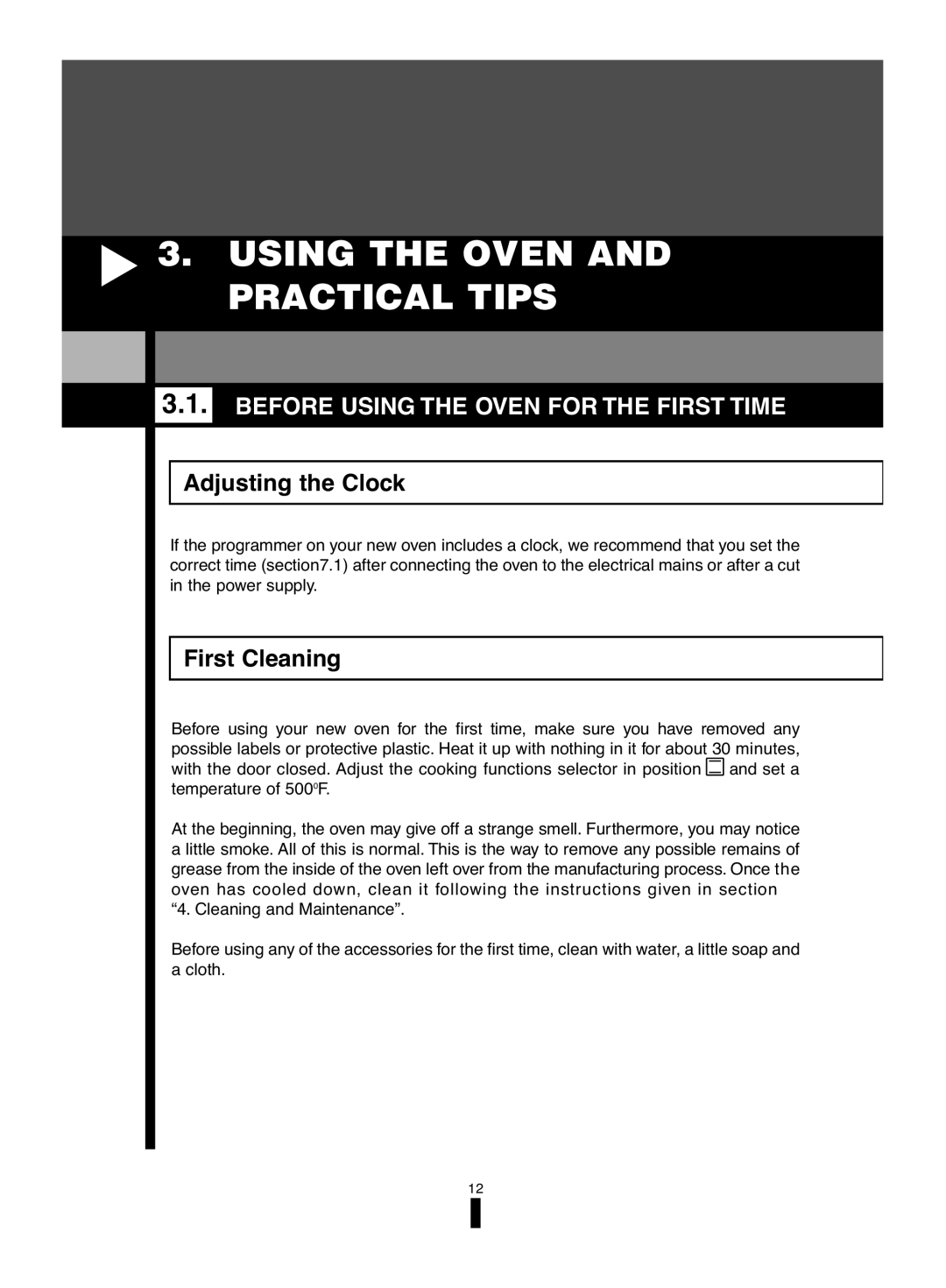 Fagor America 5HA-200 LX Using the Oven and Practical Tips, Before Using the Oven for the First Time, Adjusting the Clock 