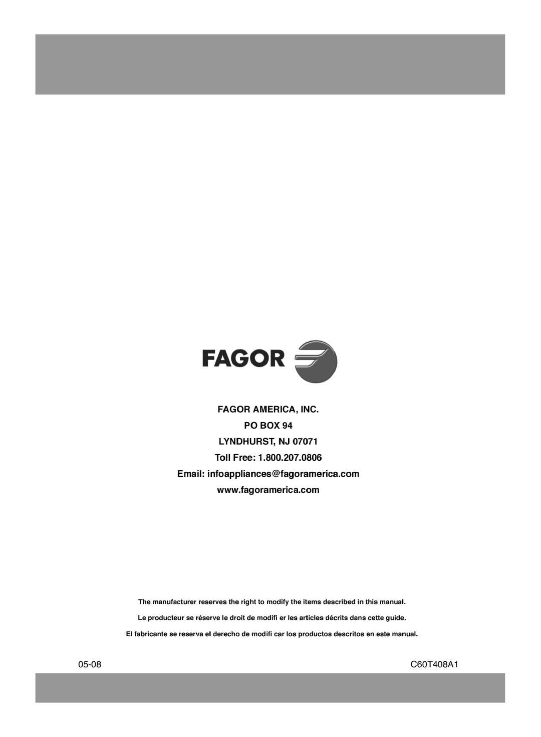 Fagor America 5HA-200 RX, 5HA-200 LX, 5HA-196 X manual C60T408A1 