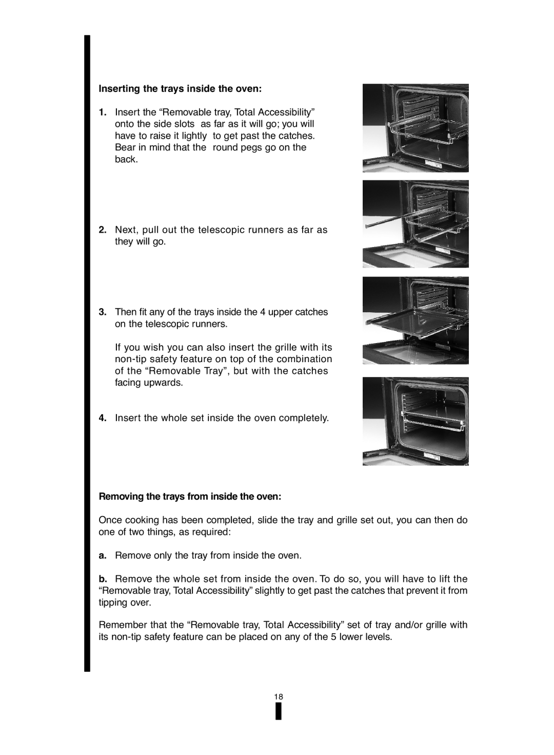 Fagor America 5HA-200 LX, 5HA-196 X manual Inserting the trays inside the oven, Removing the trays from inside the oven 