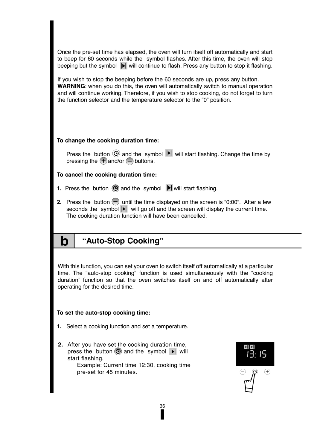 Fagor America 5HA-200 LX manual Auto-Stop Cooking, To change the cooking duration time, To cancel the cooking duration time 