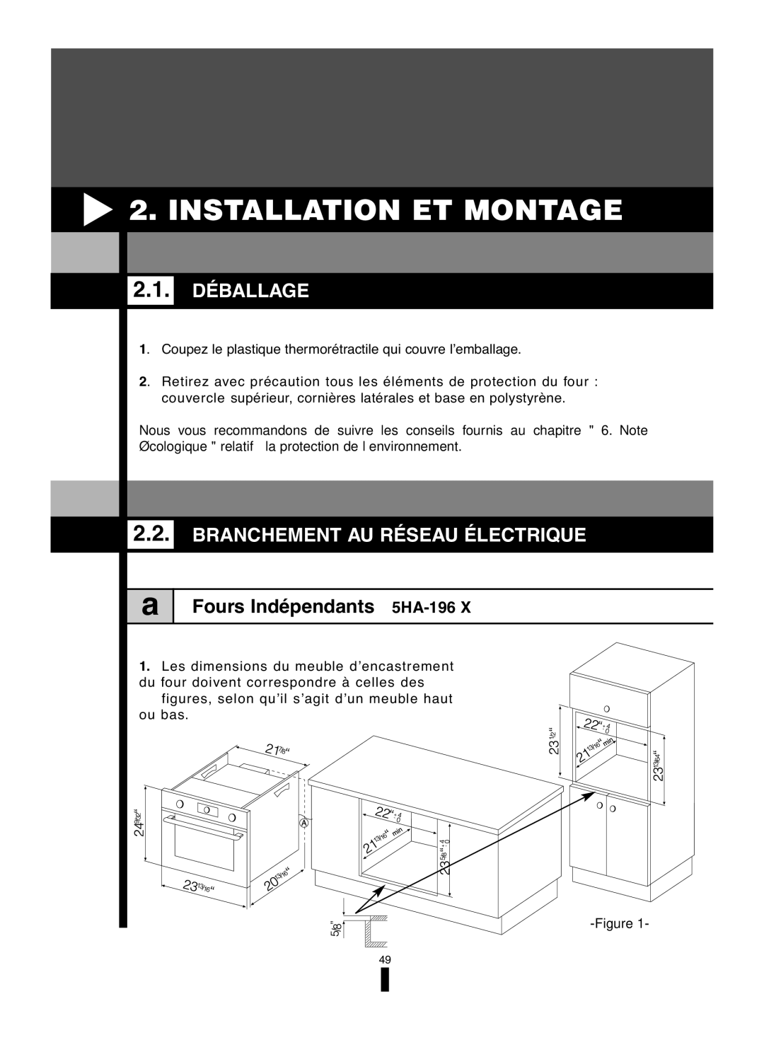 Fagor America 5HA-196 X Installation ET Montage, Déballage, Branchement AU Réseau Électrique, Fours Indépendants 5HA-196 