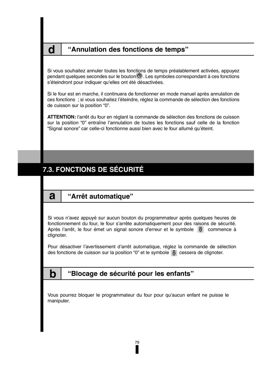 Fagor America 5HA-196 X, 5HA-200 LX, 5HA-200 RX Annulation des fonctions de temps, Fonctions DE Sécurité, Arrêt automatique 