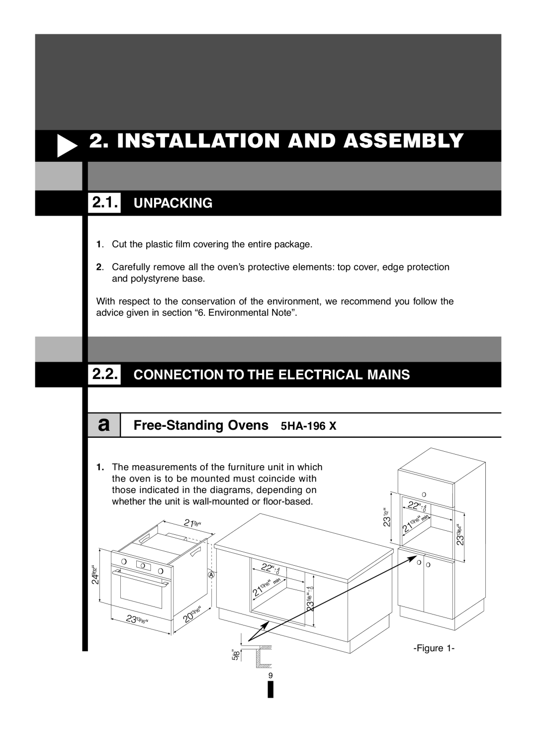 Fagor America 5HA-200 LX, 5HA-196 X, 5HA-200 RX Installation and Assembly, Unpacking, Connection to the Electrical Mains 