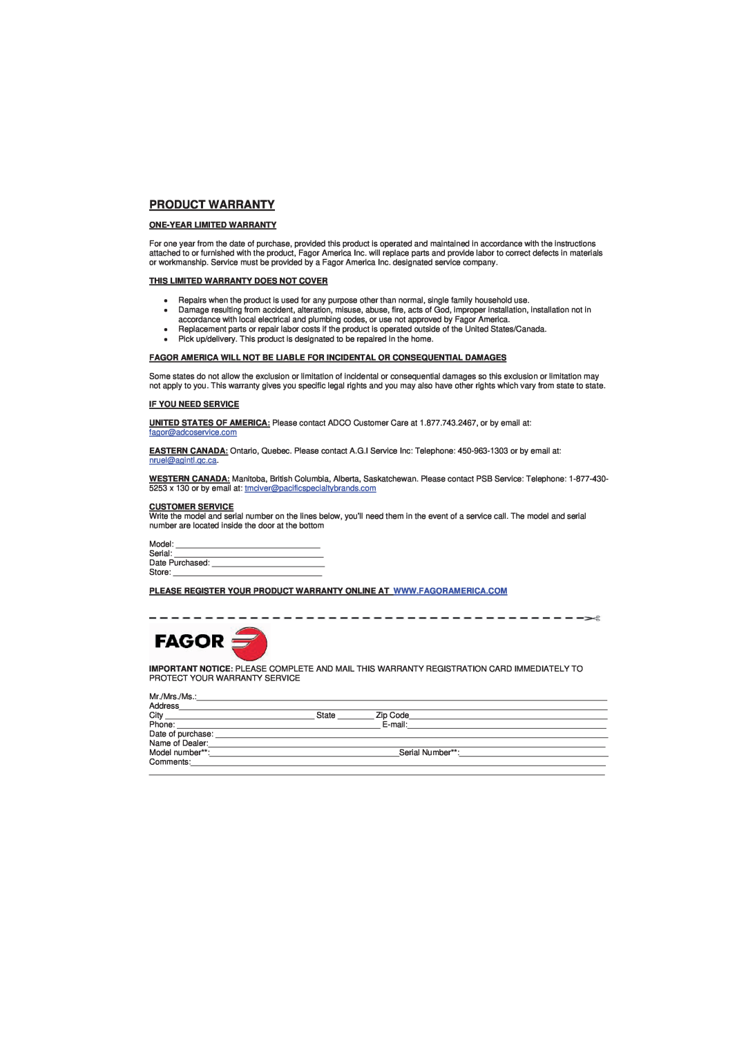 Fagor America 5HA-200 RX, 5HA-200 LX Product Warranty, One-Year Limited Warranty, This Limited Warranty Does Not Cover 
