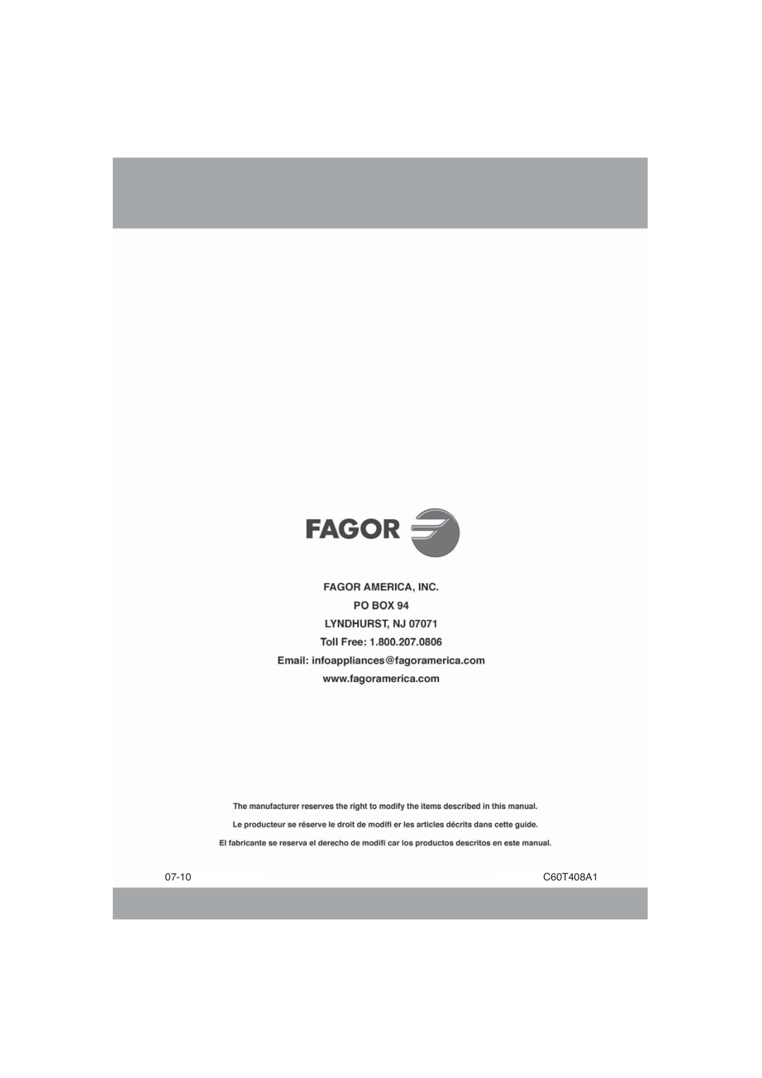 Fagor America 5HA-196 X, 5HA-200 LX, 5HA-200 RX manual 07-10, C60T408A1 