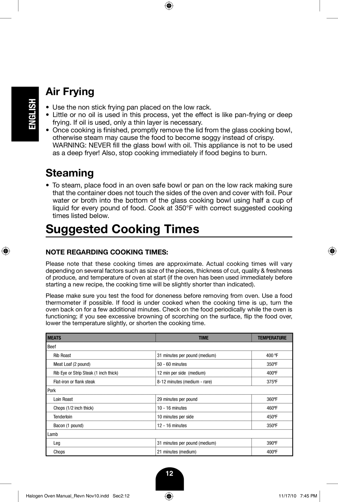 Fagor America 670040380 user manual Suggested Cooking Times, Air Frying 