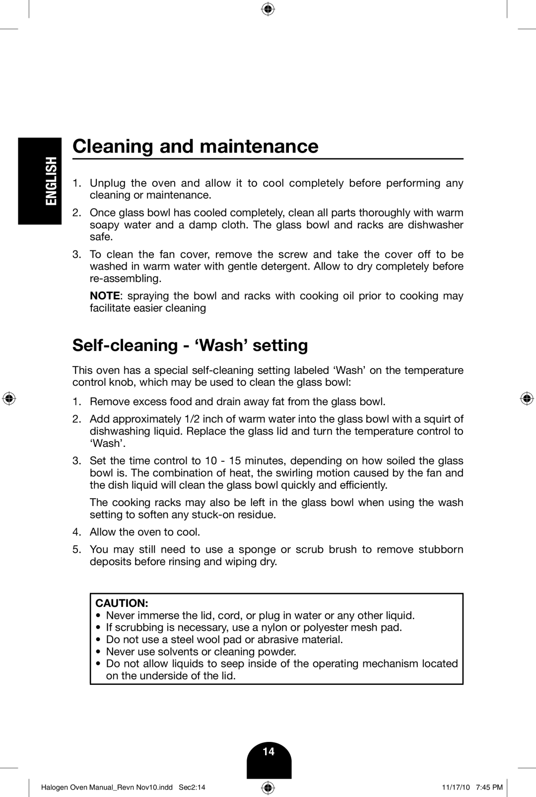 Fagor America 670040380 user manual Cleaning and maintenance, Self-cleaning ‘Wash’ setting 