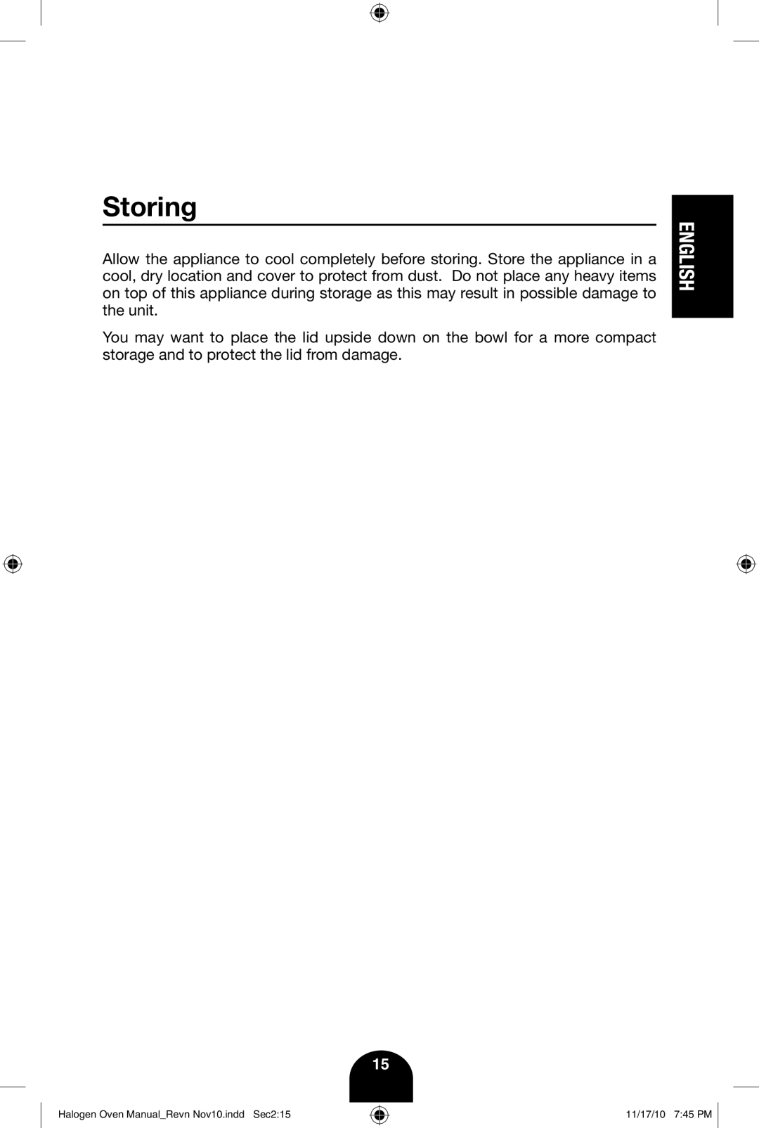 Fagor America 670040380 user manual Storing 