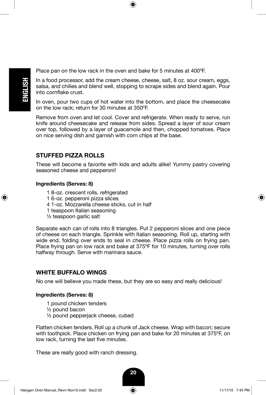 Fagor America 670040380 user manual Stuffed Pizza Rolls, White Buffalo Wings 