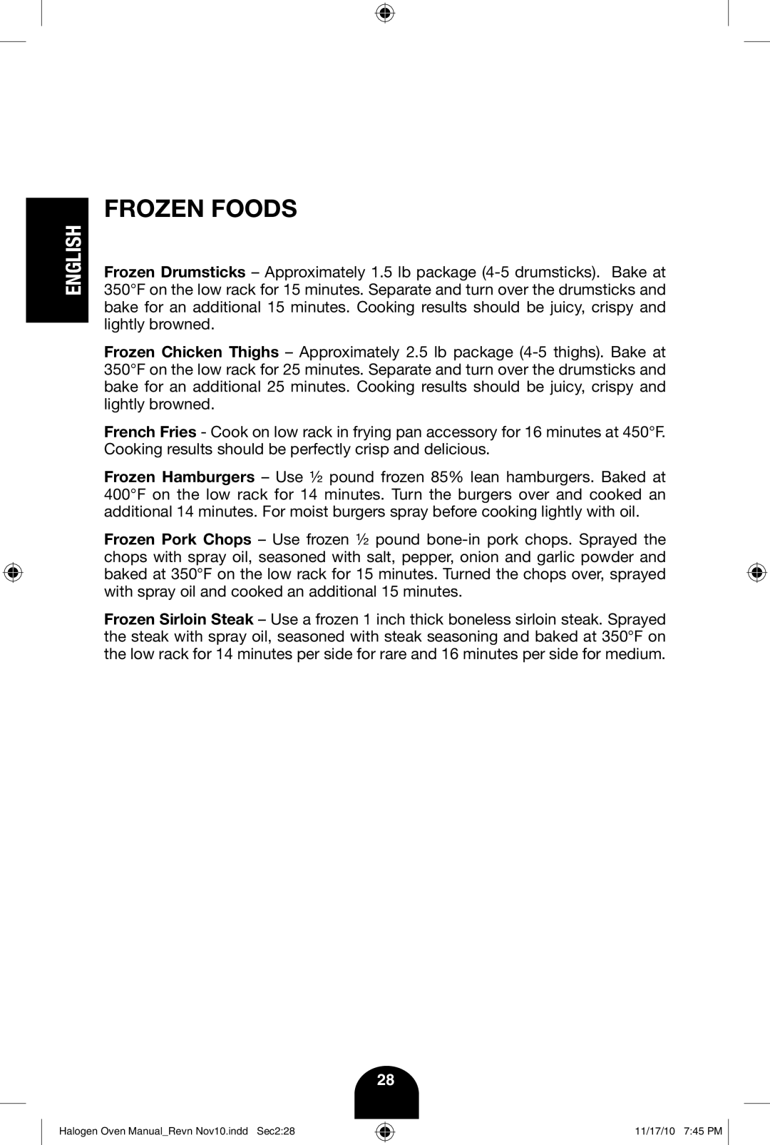 Fagor America 670040380 user manual Frozen Foods 