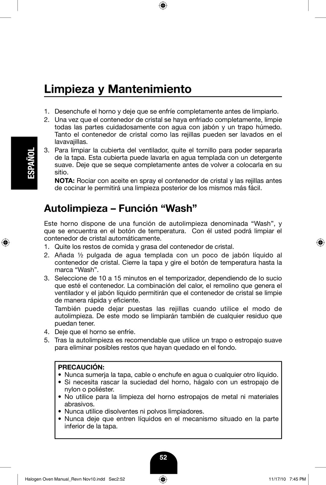 Fagor America 670040380 user manual Limpieza y Mantenimiento, Autolimpieza Función Wash 